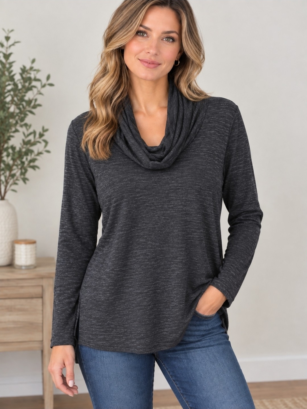 Dalia Charcoal Cowl Neck Long Sleeve Sweater